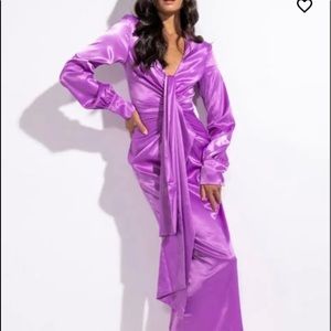 Looks On Glow Low V Neck purple satin Maxi ShopAKIRA